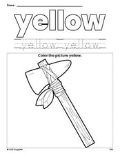 Free Thanksgiving axe color yellow coloring page and color worksheet, yellow worksheet for preschoolers to learn colors, printable PDF