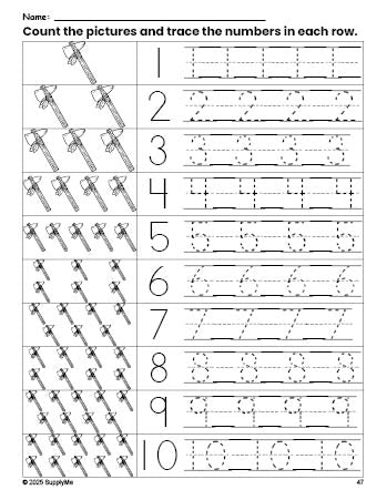 Free printable Thanksgiving axe counting worksheet for preschool and pre-k with number tracing practice 1-10, PDF