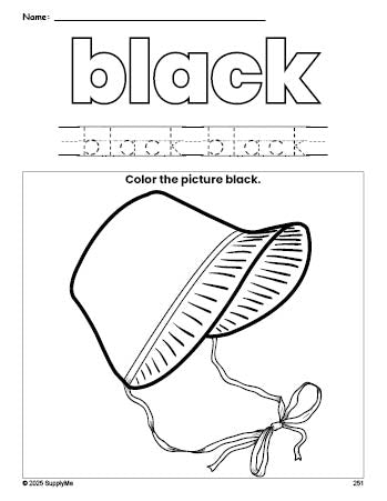 Free Thanksgiving bonnet color black coloring page and color worksheet, black worksheet for preschoolers to learn colors, printable PDF