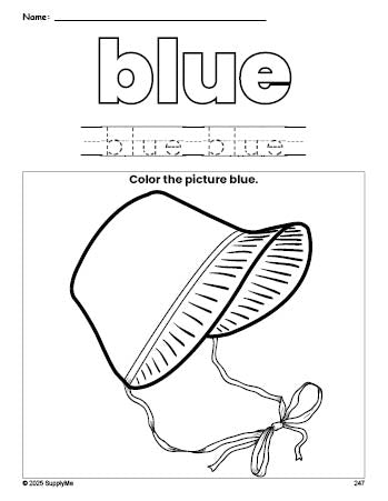 Free Thanksgiving bonnet color blue coloring page and color worksheet, blue worksheet for preschoolers to learn colors, printable PDF