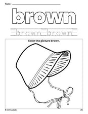 Free Thanksgiving bonnet color brown coloring page and color worksheet, brown worksheet for preschoolers to learn colors, printable PDF