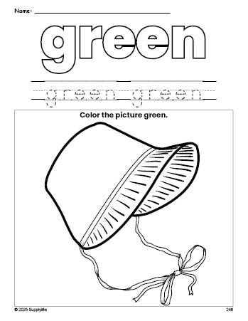 Free Thanksgiving bonnet color green coloring page and color worksheet, green worksheet for preschoolers to learn colors, printable PDF