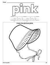 Free Thanksgiving bonnet color pink coloring page and color worksheet, pink worksheet for preschoolers to learn colors, printable PDF