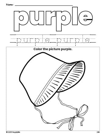 Free Thanksgiving bonnet color purple coloring page and color worksheet, purple worksheet for preschoolers to learn colors, printable PDF