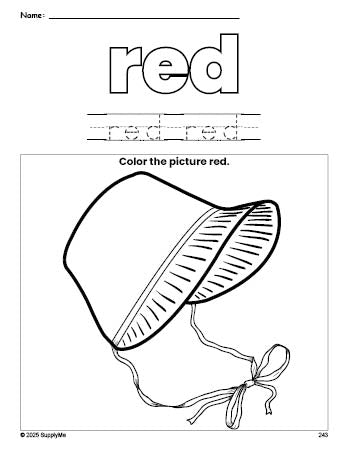 Free Thanksgiving bonnet color red coloring page and color worksheet, red worksheet for preschoolers to learn colors, printable PDF