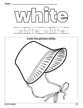 Free Thanksgiving bonnet color white coloring page and color worksheet, white worksheet for preschoolers to learn colors, printable PDF