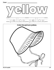 Free Thanksgiving bonnet color yellow coloring page and color worksheet, yellow worksheet for preschoolers to learn colors, printable PDF