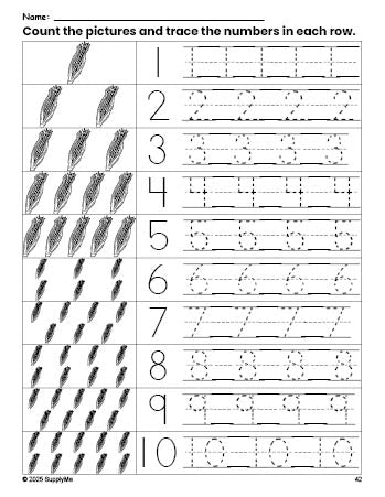 Free printable Thanksgiving corn counting worksheet for preschool and pre-k with number tracing practice 1-10, PDF