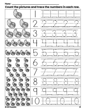 Free printable Thanksgiving cornucopia counting worksheet for preschool and pre-k with number tracing practice 1-10, PDF