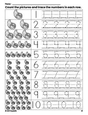 Free printable Thanksgiving cornucopia counting worksheet for preschool and pre-k with number tracing practice 1-10, PDF