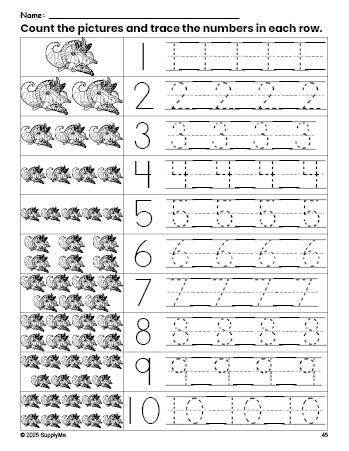 Free printable Thanksgiving cornucopia counting worksheet for preschool and pre-k with number tracing practice 1-10, PDF