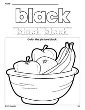 Free Thanksgiving fruit color black coloring page and color worksheet, black worksheet for preschoolers to learn colors, printable PDF