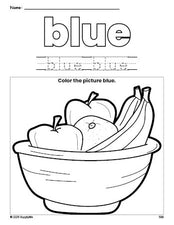 Free Thanksgiving fruit color blue coloring page and color worksheet, blue worksheet for preschoolers to learn colors, printable PDF