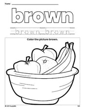 Free Thanksgiving fruit color brown coloring page and color worksheet, brown worksheet for preschoolers to learn colors, printable PDF