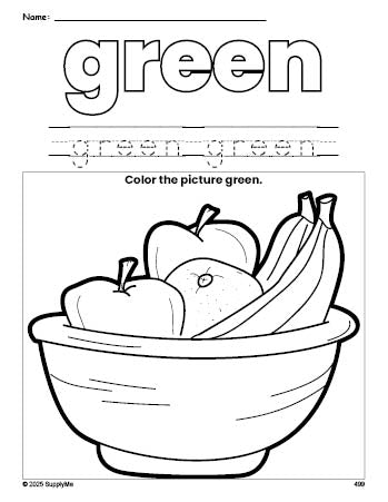 Free Thanksgiving fruit color green coloring page and color worksheet, green worksheet for preschoolers to learn colors, printable PDF