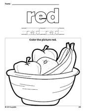 Free Thanksgiving fruit color red coloring page and color worksheet, red worksheet for preschoolers to learn colors, printable PDF