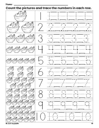 Free printable Thanksgiving fruit counting worksheet for preschool and pre-k with number tracing practice 1-10, PDF