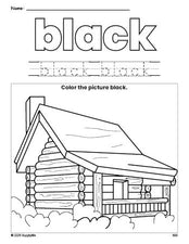 Free Thanksgiving log cabin color black coloring page and color worksheet, black worksheet for preschoolers to learn colors, printable PDF