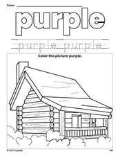 Free Thanksgiving log cabin color purple coloring page and color worksheet, purple worksheet for preschoolers to learn colors, printable PDF