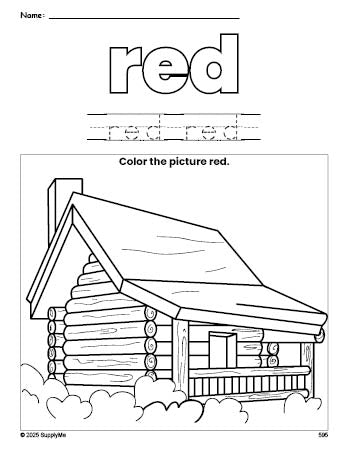 Free Thanksgiving log cabin color red coloring page and color worksheet, red worksheet for preschoolers to learn colors, printable PDF