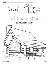 Free Thanksgiving log cabin color white coloring page and color worksheet, white worksheet for preschoolers to learn colors, printable PDF