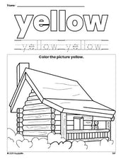 Free Thanksgiving log cabin color yellow coloring page and color worksheet, yellow worksheet for preschoolers to learn colors, printable PDF