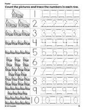 Free printable Thanksgiving log cabin counting worksheet for preschool and pre-k with number tracing practice 1-10, PDF