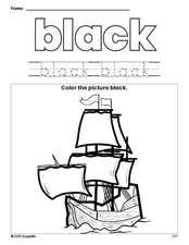 Free Thanksgiving Mayflower color black coloring page and color worksheet, black worksheet for preschoolers to learn colors, printable PDF