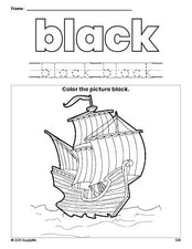 Free Thanksgiving Mayflower color black coloring page and color worksheet, black worksheet for preschoolers to learn colors, printable PDF