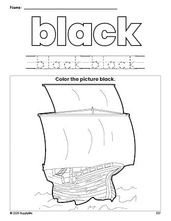 Free Thanksgiving Mayflower color black coloring page and color worksheet, black worksheet for preschoolers to learn colors, printable PDF