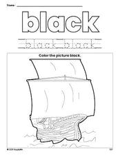 Free Thanksgiving Mayflower color black coloring page and color worksheet, black worksheet for preschoolers to learn colors, printable PDF