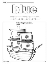 Free Thanksgiving Mayflower color blue coloring page and color worksheet, blue worksheet for preschoolers to learn colors, printable PDF