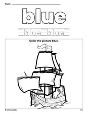 Free Thanksgiving Mayflower color blue coloring page and color worksheet, blue worksheet for preschoolers to learn colors, printable PDF