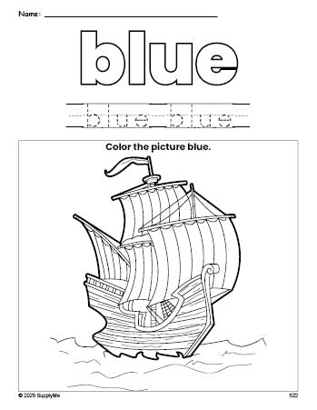 Free Thanksgiving Mayflower color blue coloring page and color worksheet, blue worksheet for preschoolers to learn colors, printable PDF