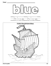 Free Thanksgiving Mayflower color blue coloring page and color worksheet, blue worksheet for preschoolers to learn colors, printable PDF