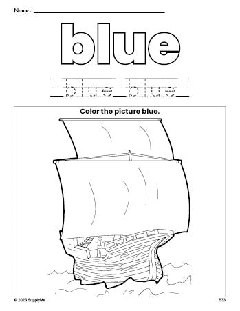 Free Thanksgiving Mayflower color blue coloring page and color worksheet, blue worksheet for preschoolers to learn colors, printable PDF