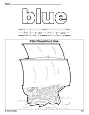 Free Thanksgiving Mayflower color blue coloring page and color worksheet, blue worksheet for preschoolers to learn colors, printable PDF