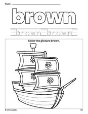 Free Thanksgiving Mayflower color brown coloring page and color worksheet, brown worksheet for preschoolers to learn colors, printable PDF