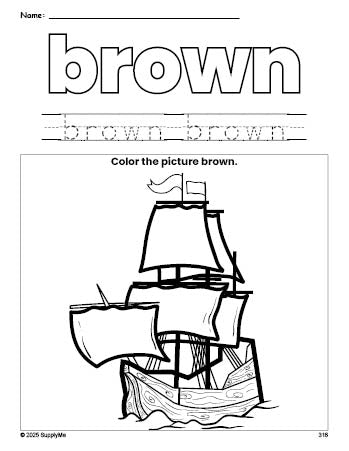 Free Thanksgiving Mayflower color brown coloring page and color worksheet, brown worksheet for preschoolers to learn colors, printable PDF