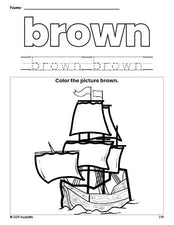 Free Thanksgiving Mayflower color brown coloring page and color worksheet, brown worksheet for preschoolers to learn colors, printable PDF