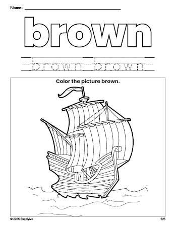 Free Thanksgiving Mayflower color brown coloring page and color worksheet, brown worksheet for preschoolers to learn colors, printable PDF