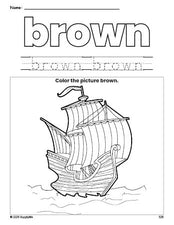 Free Thanksgiving Mayflower color brown coloring page and color worksheet, brown worksheet for preschoolers to learn colors, printable PDF