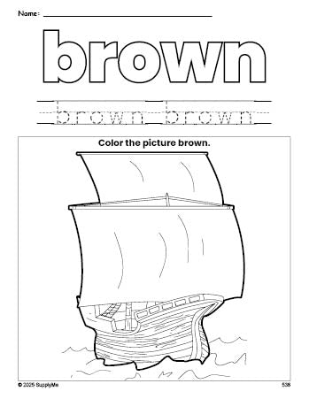 Free Thanksgiving Mayflower color brown coloring page and color worksheet, brown worksheet for preschoolers to learn colors, printable PDF