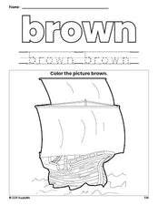 Free Thanksgiving Mayflower color brown coloring page and color worksheet, brown worksheet for preschoolers to learn colors, printable PDF