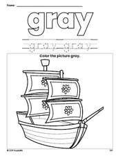 Free Thanksgiving Mayflower color gray coloring page and color worksheet, gray worksheet for preschoolers to learn colors, printable PDF