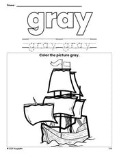 Free Thanksgiving Mayflower color gray coloring page and color worksheet, gray worksheet for preschoolers to learn colors, printable PDF