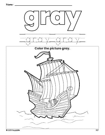 Free Thanksgiving Mayflower color gray coloring page and color worksheet, gray worksheet for preschoolers to learn colors, printable PDF