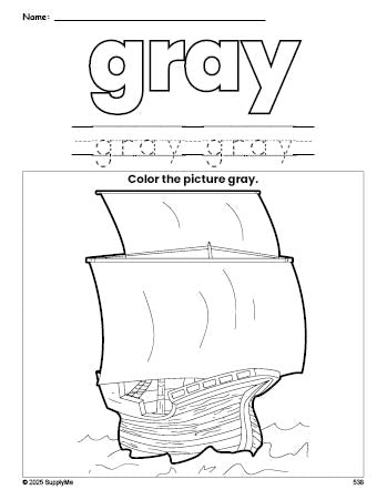 Free Thanksgiving Mayflower color gray coloring page and color worksheet, gray worksheet for preschoolers to learn colors, printable PDF