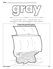 Free Thanksgiving Mayflower color gray coloring page and color worksheet, gray worksheet for preschoolers to learn colors, printable PDF