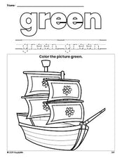 Free Thanksgiving Mayflower color green coloring page and color worksheet, green worksheet for preschoolers to learn colors, printable PDF